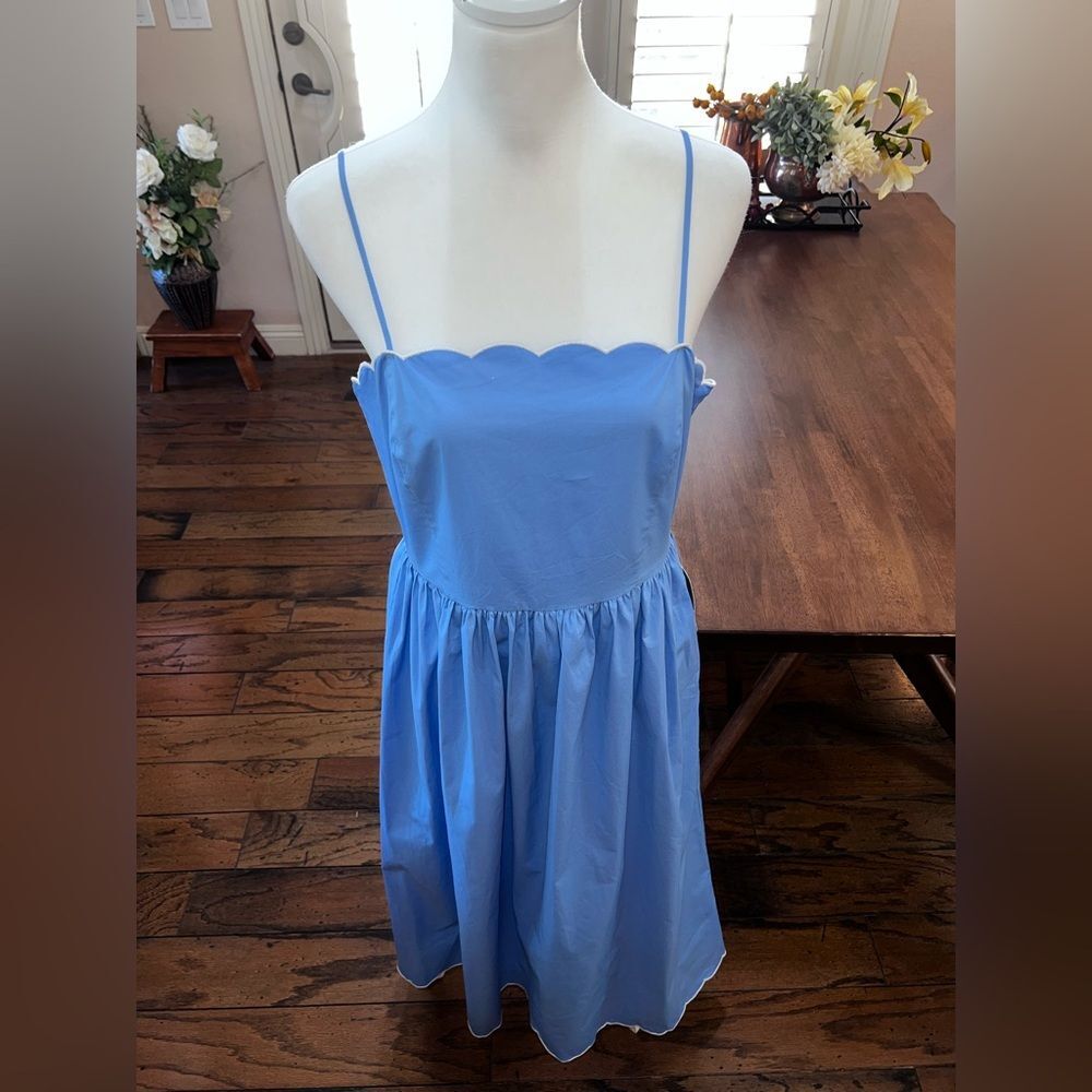 Charles Henry Blue Scallop Trim Poplin Midi Sundress Pockets Fit Flare L NWT - Picture 8 of 14